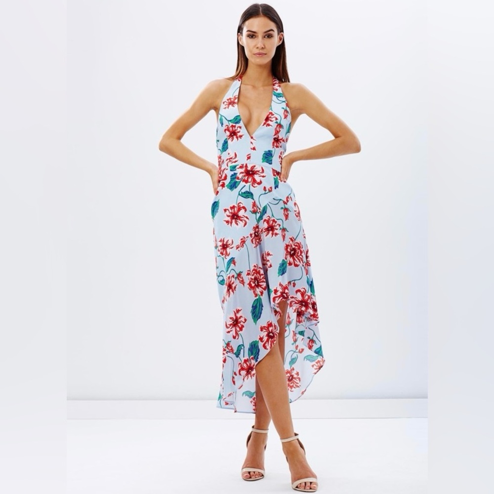 New Nicholas Print 100% Silk Blue Multicolor Floral Halter Neck Dress Size 2 NWT